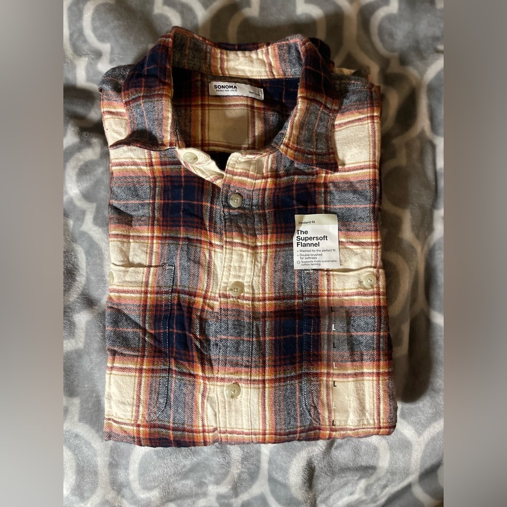 Sonoma Men’s The Super Soft Flannel Orange, Blue & cream NWT Size Large # 2127